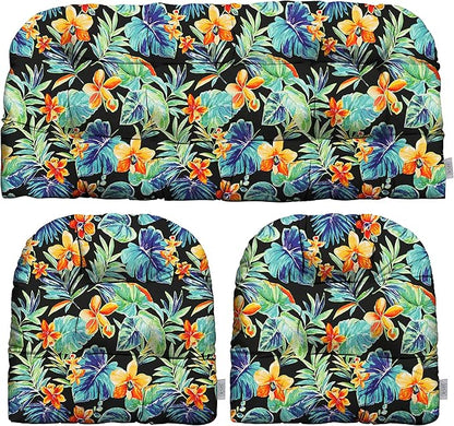 RSH DECOR: 3-Piece Wicker Tufted Cushion Set | for Large Wicker Sets | Outdoor Loveseat & U-Shaped Seat Cushions | Water & Fade-Resistant Spun Fabric | Beachcrest Caviar